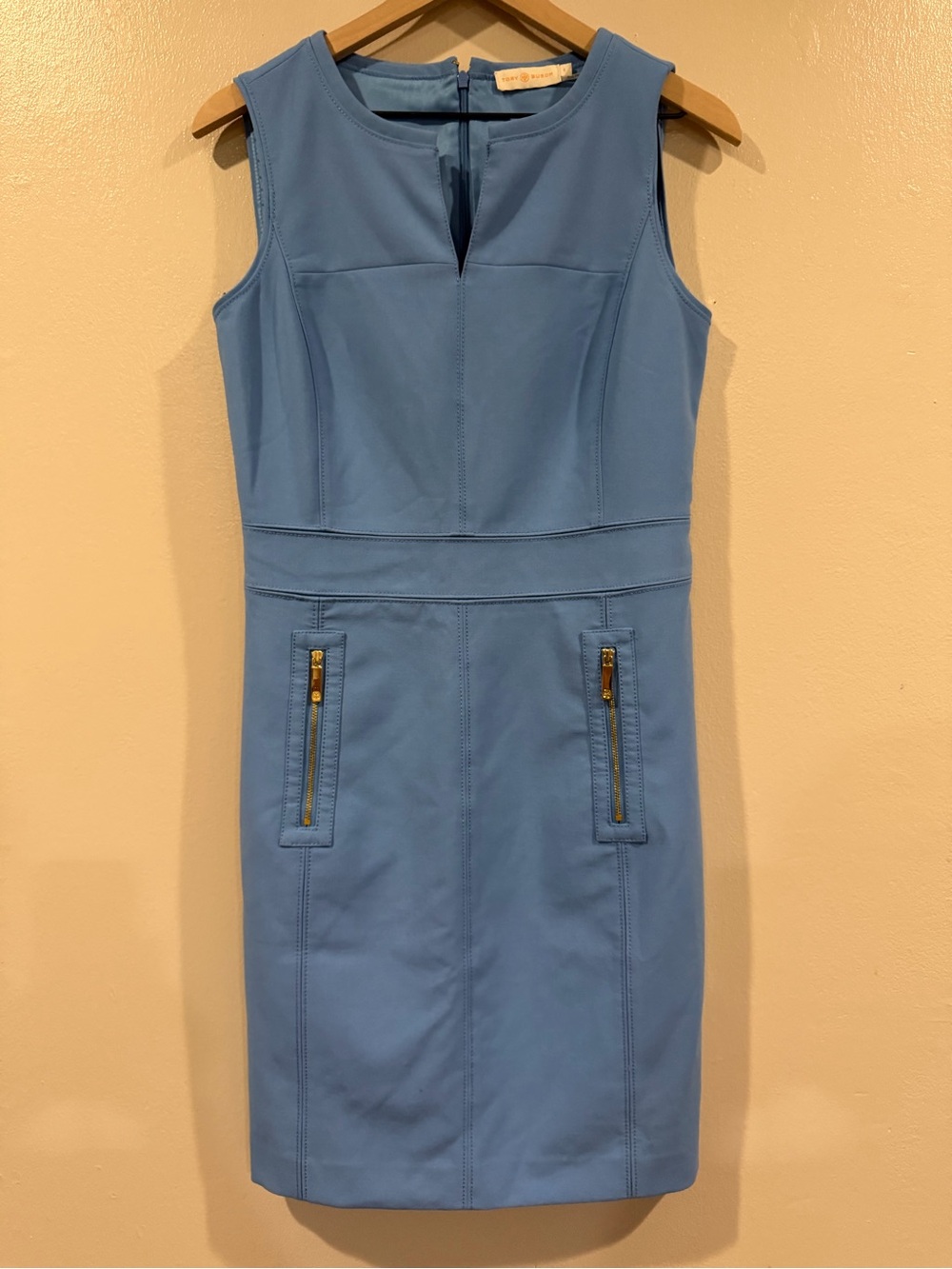 EUC Tory Burch Blue Sleeveless Sheath Dress with Zip Pockets Size 8